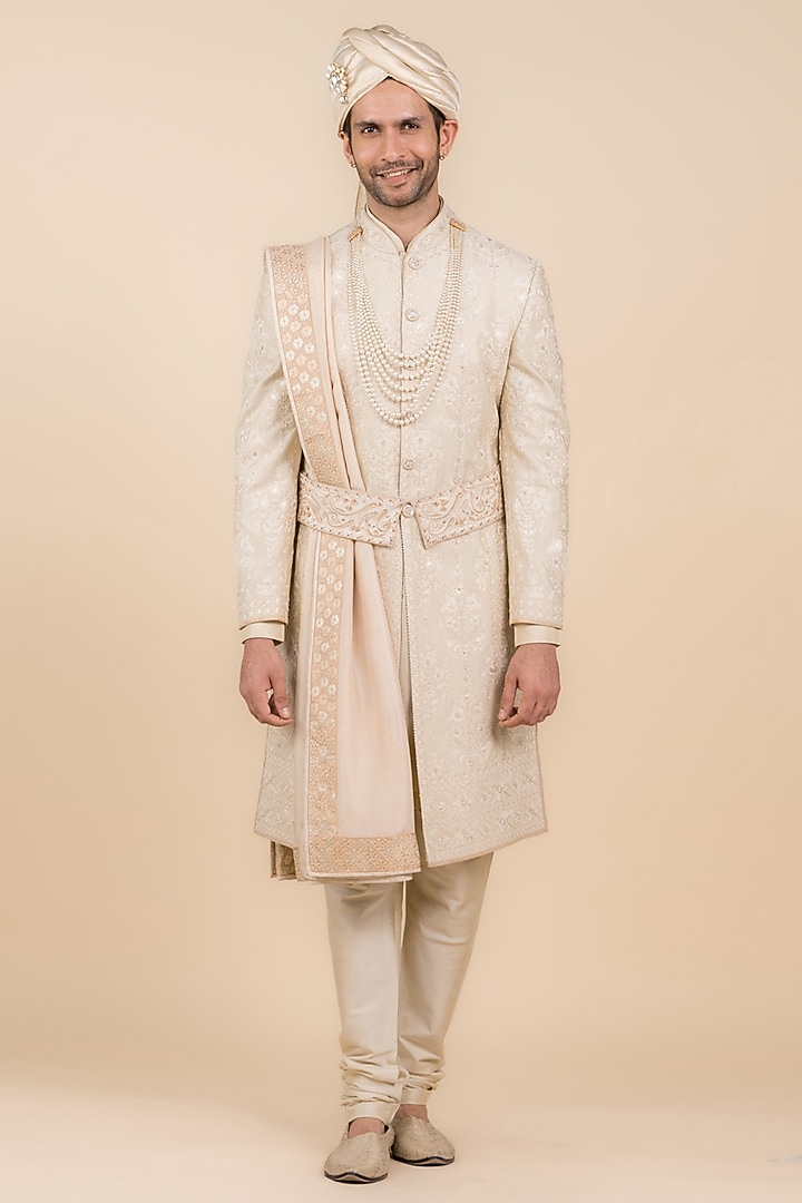 Gold Viscose Polyester Blend Embroidered Wedding Sherwani Set by TASVA at Pernia's Pop Up Shop