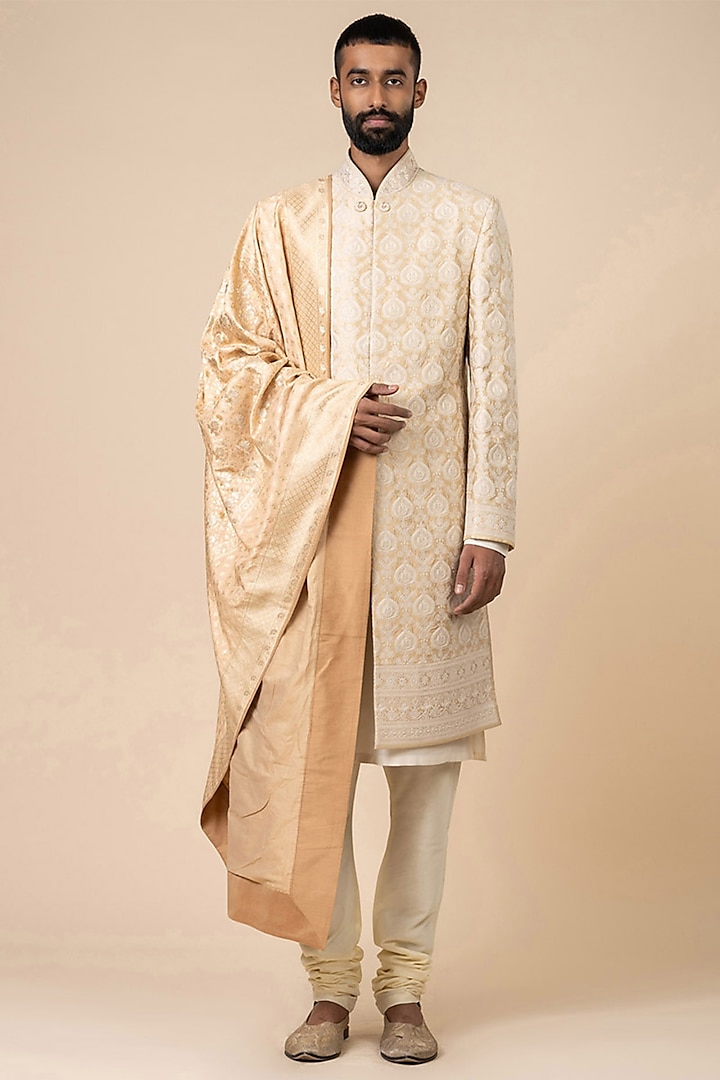 Light Yellow Polyester Blend Embroidered Sherwani Set by TASVA