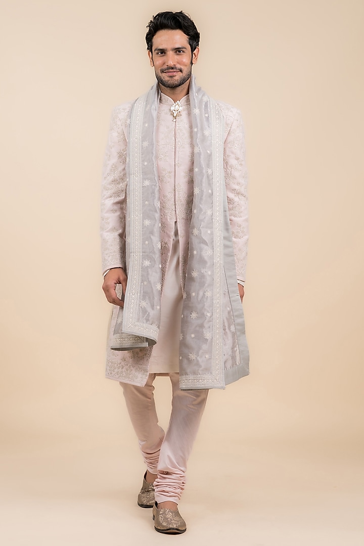 Pink Viscose Polyester Blend Embroidered Wedding Sherwani Set by TASVA at Pernia's Pop Up Shop