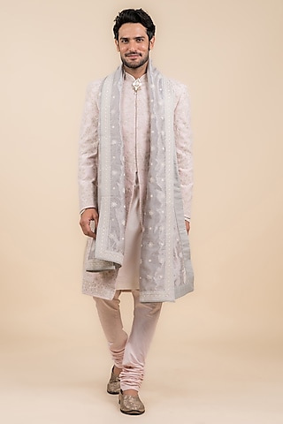Pink Viscose Polyester Blend Embroidered Sherwani Set by TASVA
