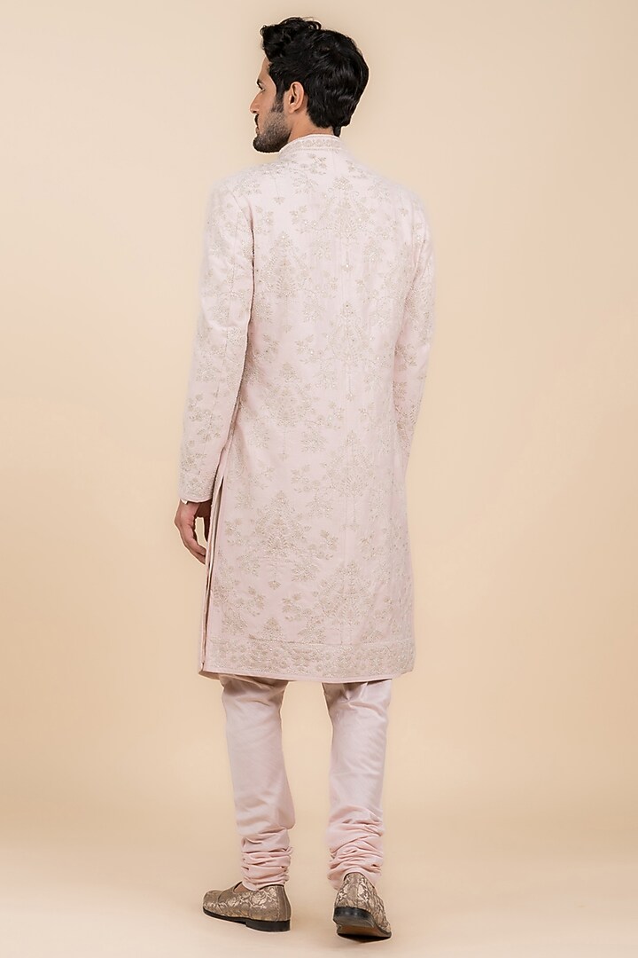 Pink Viscose Polyester Blend Embroidered Wedding Sherwani Set by TASVA at Pernia's Pop Up Shop