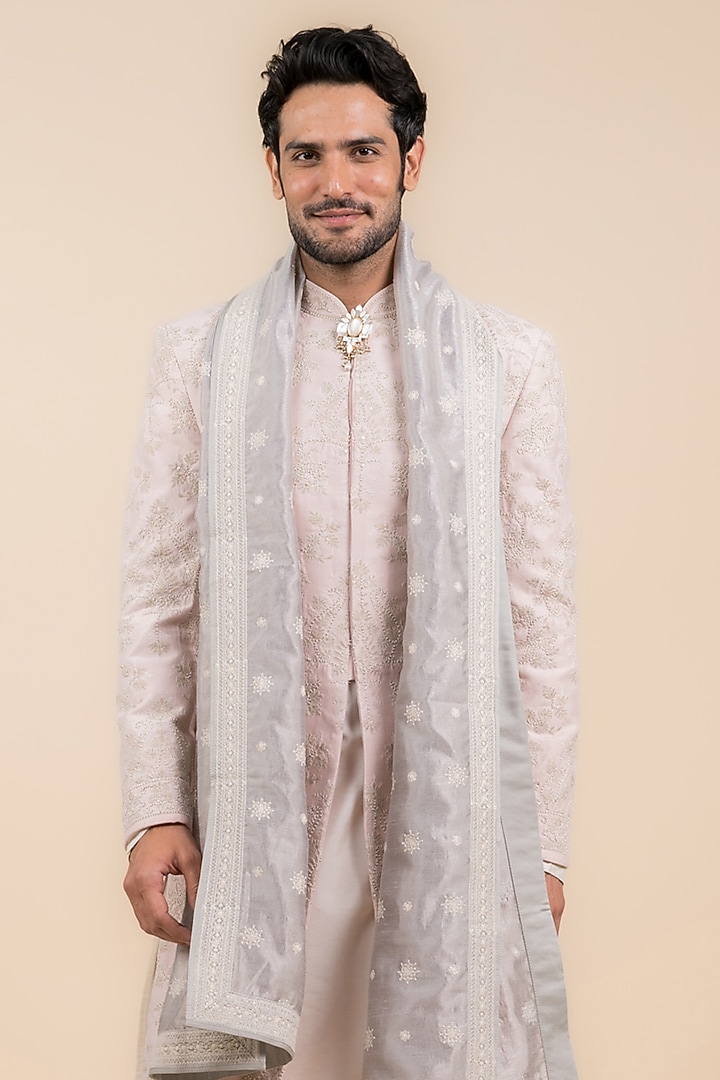 Pink Viscose Polyester Blend Embroidered Wedding Sherwani Set by TASVA at Pernia's Pop Up Shop