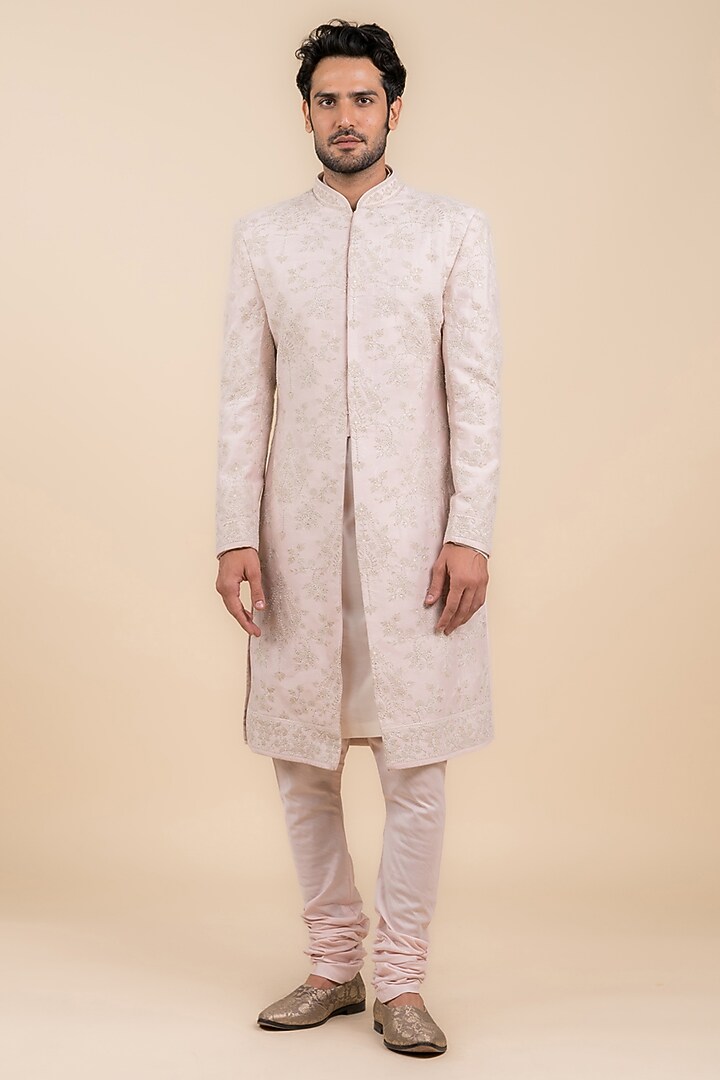 Pink Viscose Polyester Blend Embroidered Wedding Sherwani Set by TASVA at Pernia's Pop Up Shop