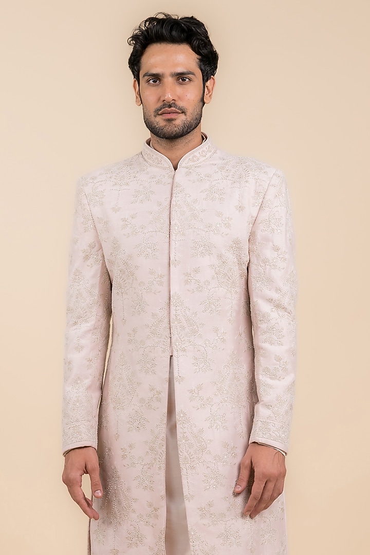 Pink Viscose Polyester Blend Embroidered Wedding Sherwani Set by TASVA at Pernia's Pop Up Shop