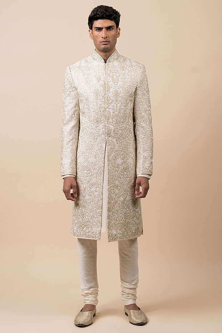 Ivory Georgette Embroidered Wedding Sherwani Set by TASVA at Pernia's Pop Up Shop