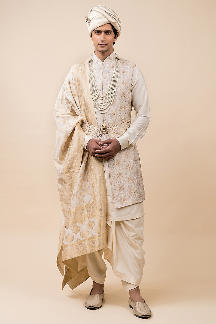 Ivory Jacquard Embroidered Sherwani Set by TASVA at Pernia's Pop Up Shop