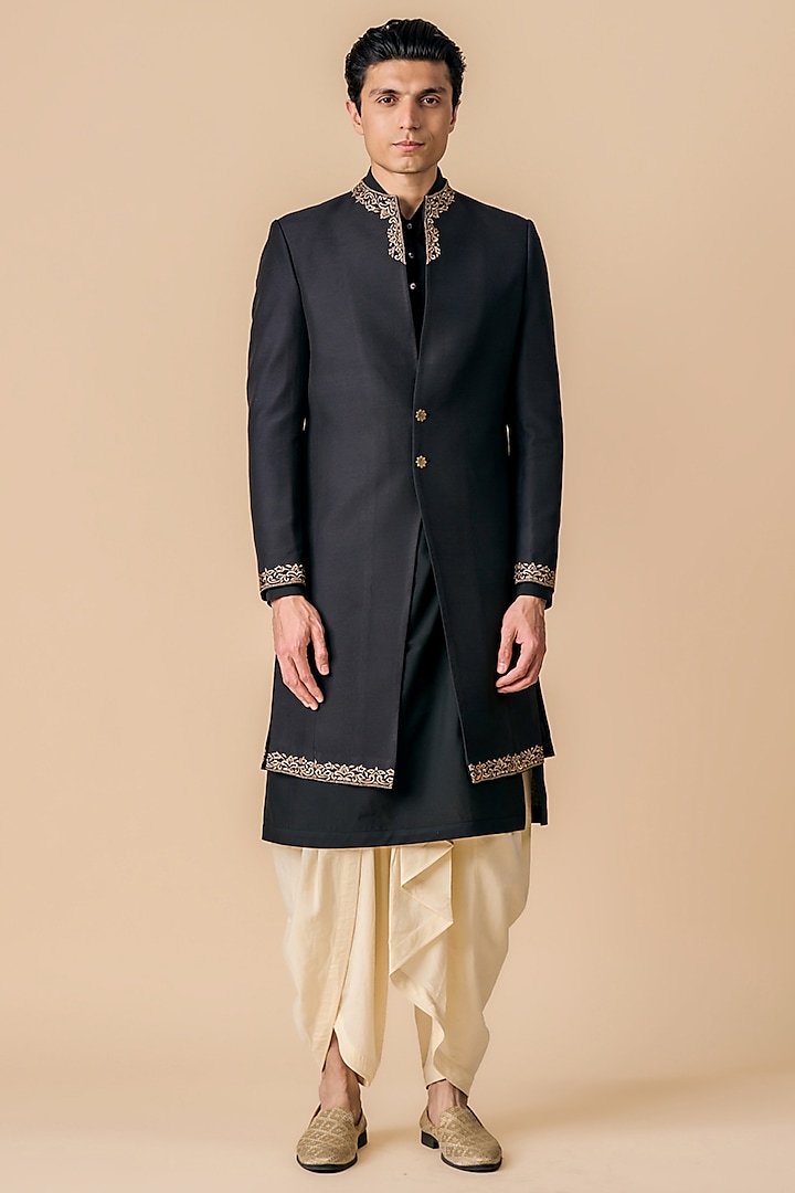 Black Viscose Polyester Blend Embellished Indowestern Set by TASVA at Pernia's Pop Up Shop