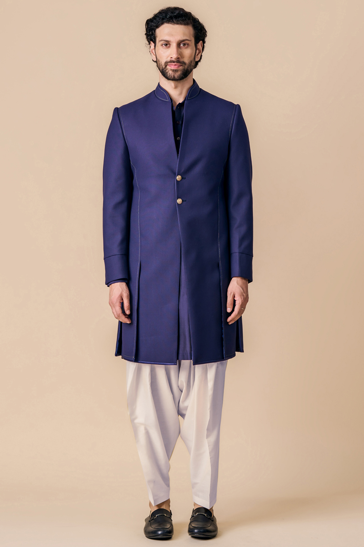 Navy Blue Viscose Polyester Blend Dori Embroidered Indowestern Set by TASVA at Pernia's Pop Up Shop
