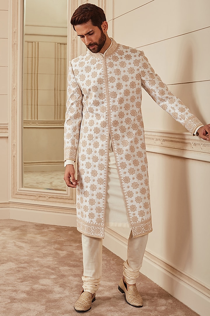 Ivory Silk Embroidered Sherwani Set by TASVA