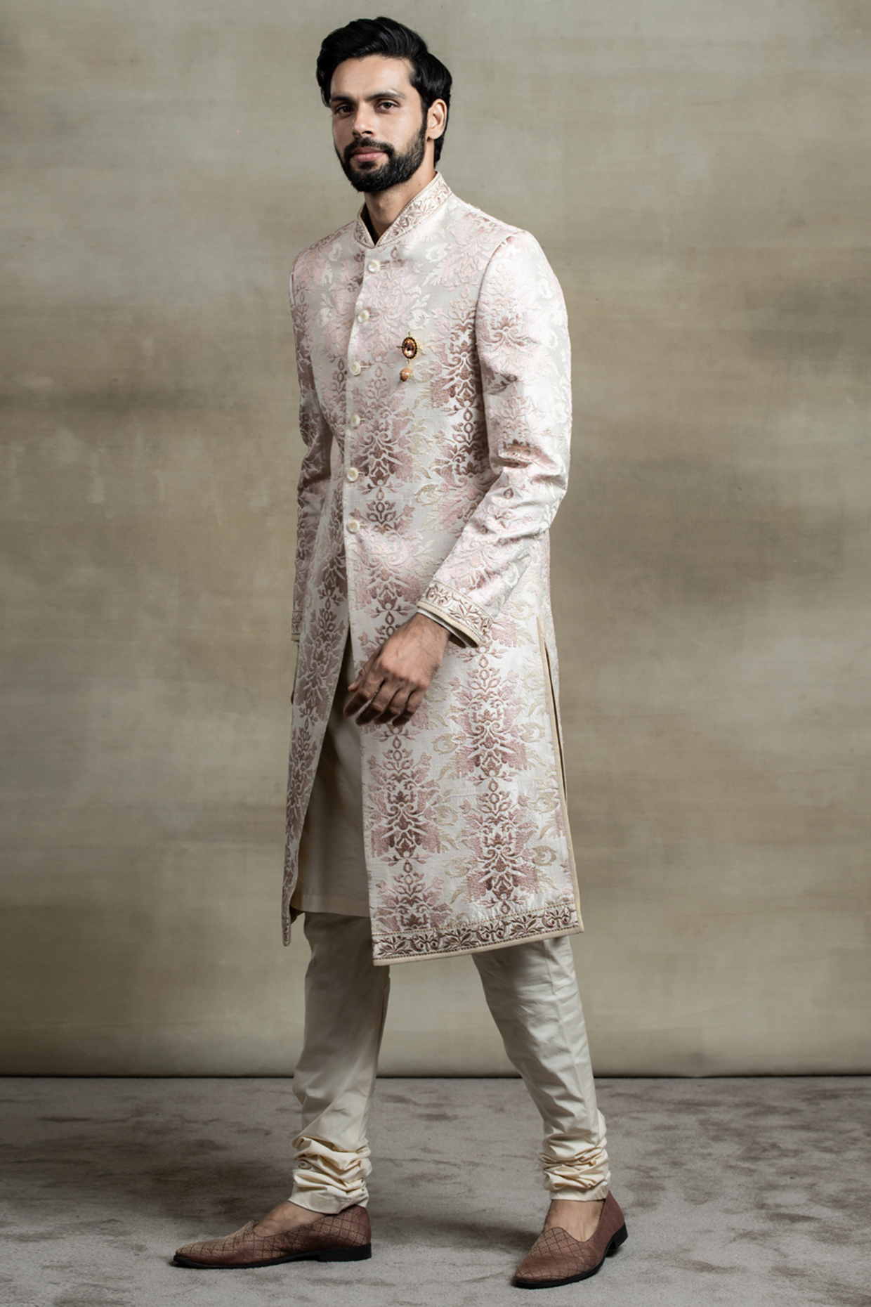Pink Raw Silk Embroidered Sherwani Set by TASVA at Pernia's Pop Up Shop