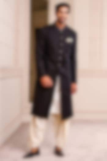 Black Linen Blend Embroidered Sherwani Set by TASVA at Pernia's Pop Up Shop