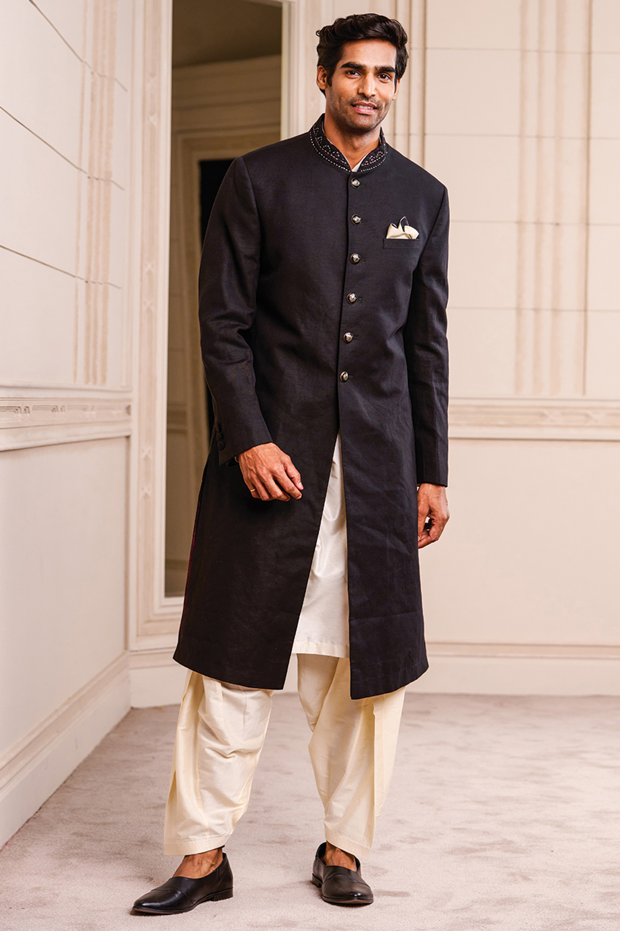 Black Linen Blend Embroidered Sherwani Set by TASVA at Pernia's Pop Up Shop