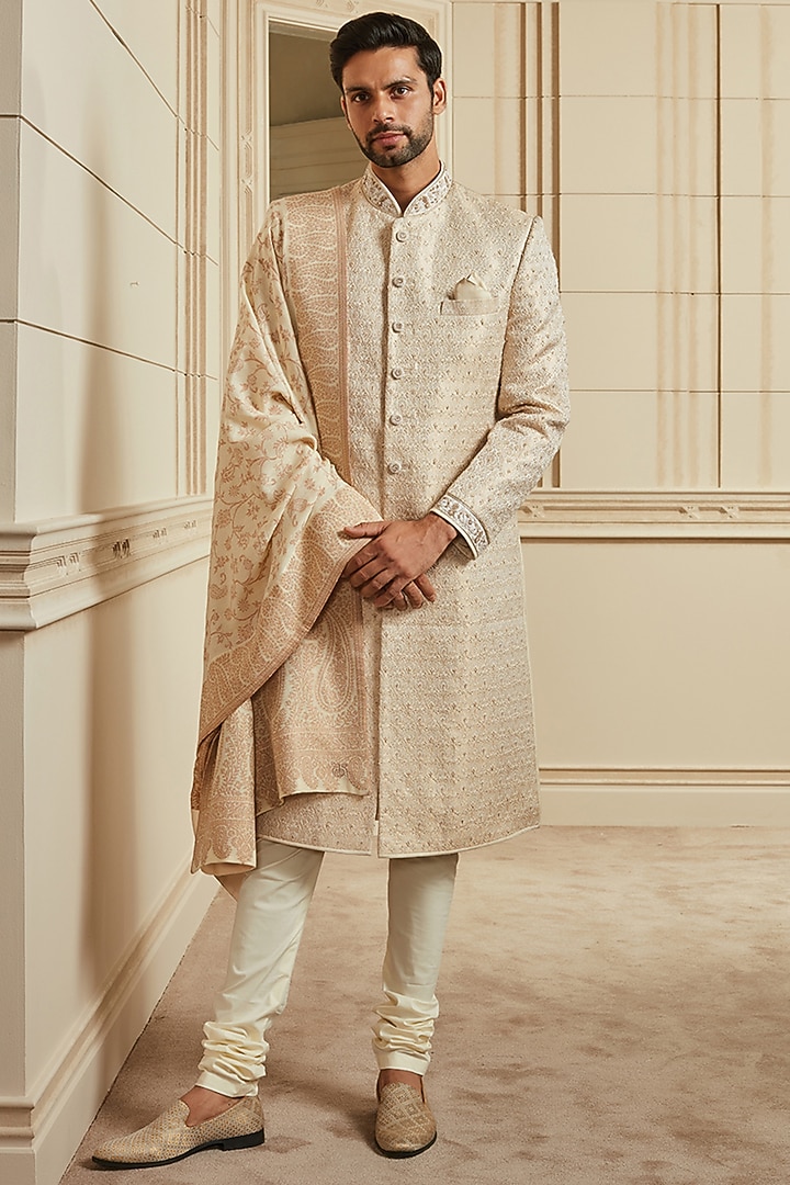Gold Brocade Embroidered Wedding Sherwani Set by TASVA at Pernia's Pop Up Shop