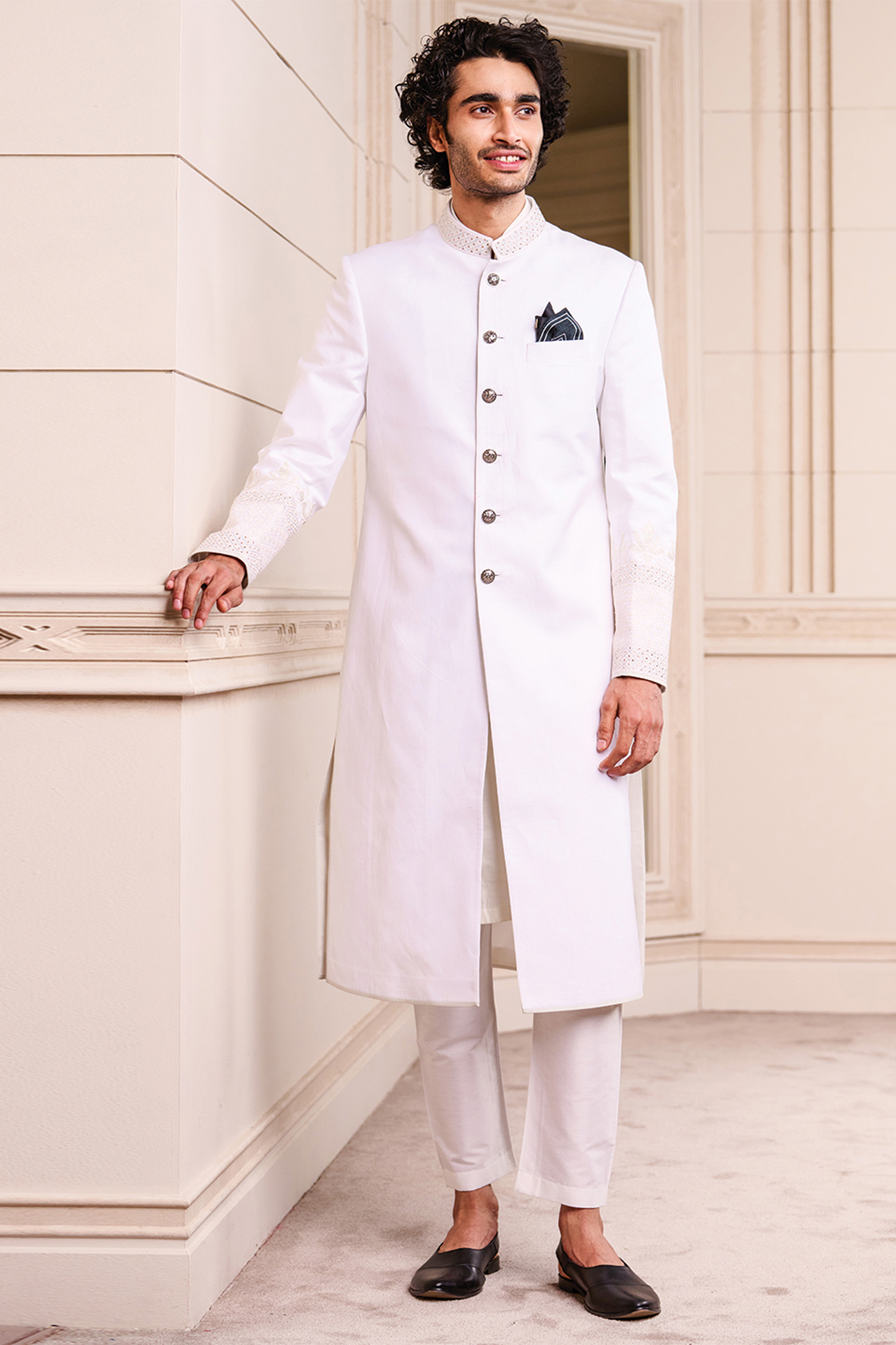 White Cotton Linen Embroidered Sherwani Set by TASVA at Pernia's Pop Up Shop