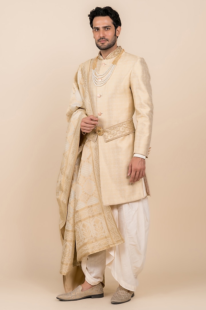 Gold Jacquard Hand Embroidered Sherwani Set by TASVA at Pernia's Pop Up Shop