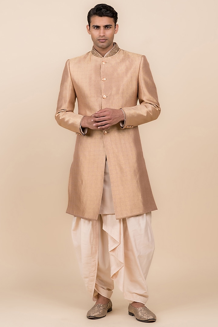 Pink Jacquard Hand Embroidered Sherwani Set by TASVA