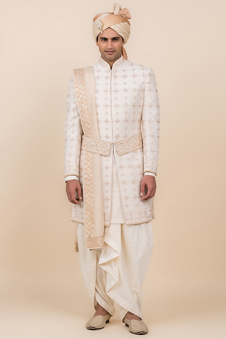 Ivory Polyester Viscose Embroidered Wedding Sherwani Set by TASVA at Pernia's Pop Up Shop