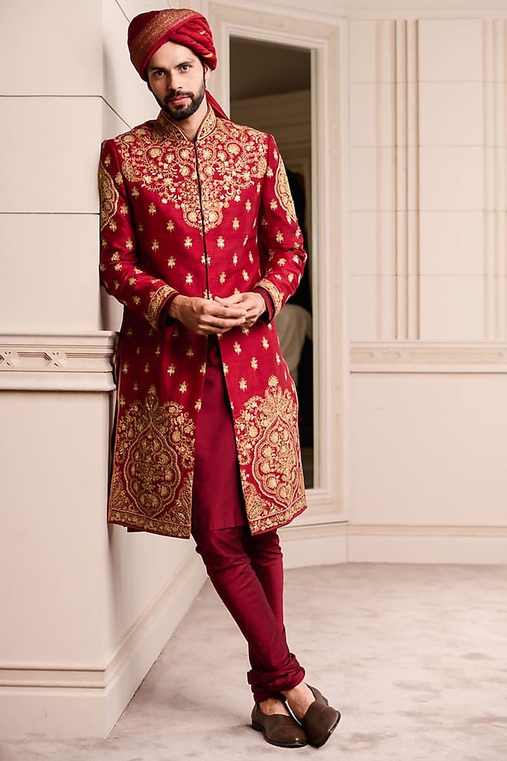 Maroon Silk Embroidered Sherwani Set by TASVA