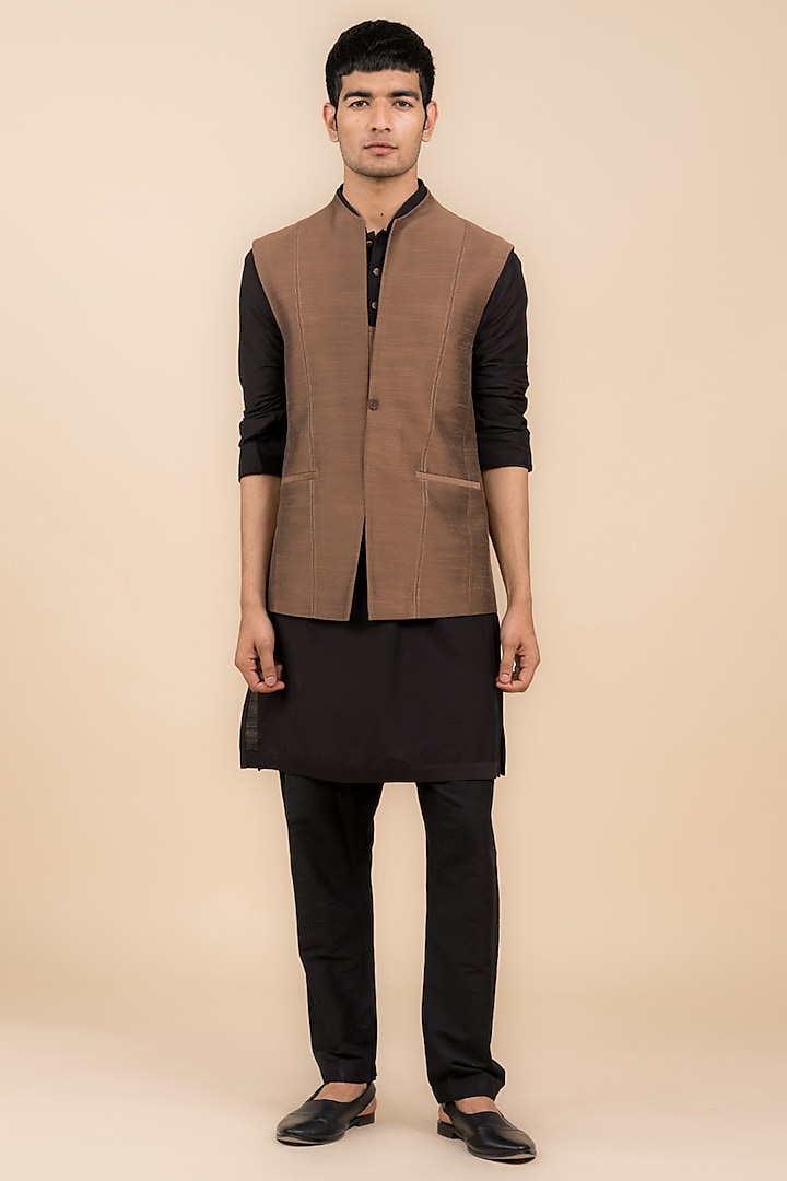 Brown Viscose Polyester Blend Bundi Jacket by TASVA