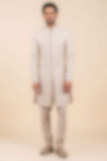 Beige Viscose Polyester Blend Embroidered Wedding Sherwani Set by TASVA at Pernia's Pop Up Shop