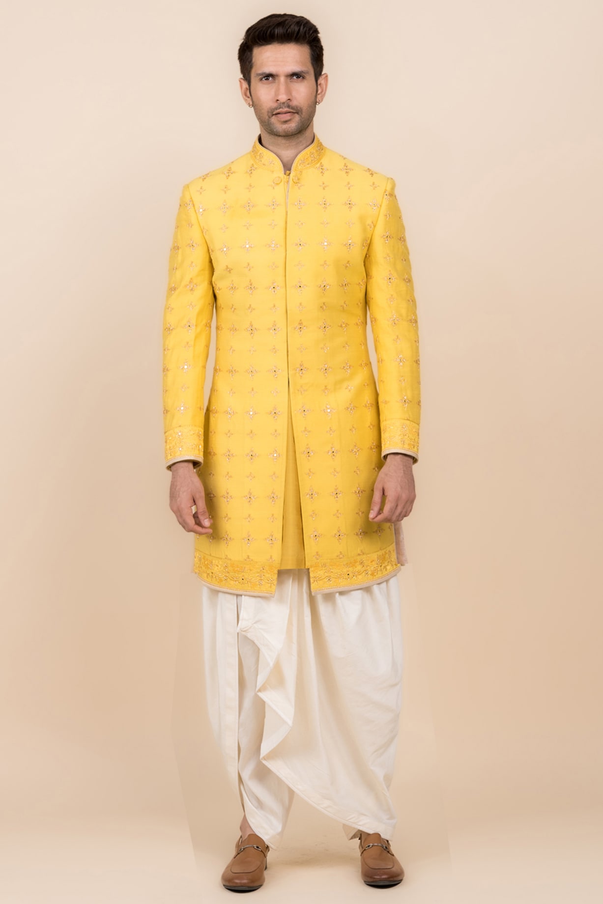 Yellow Viscose Polyester Blend Embroidered Sherwani Set by TASVA