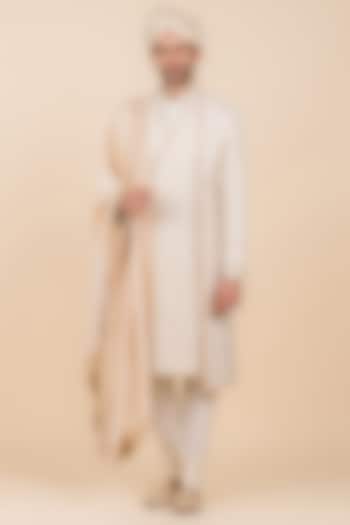 Ivory Viscose Blend Embroidered Wedding Sherwani Set by TASVA at Pernia's Pop Up Shop