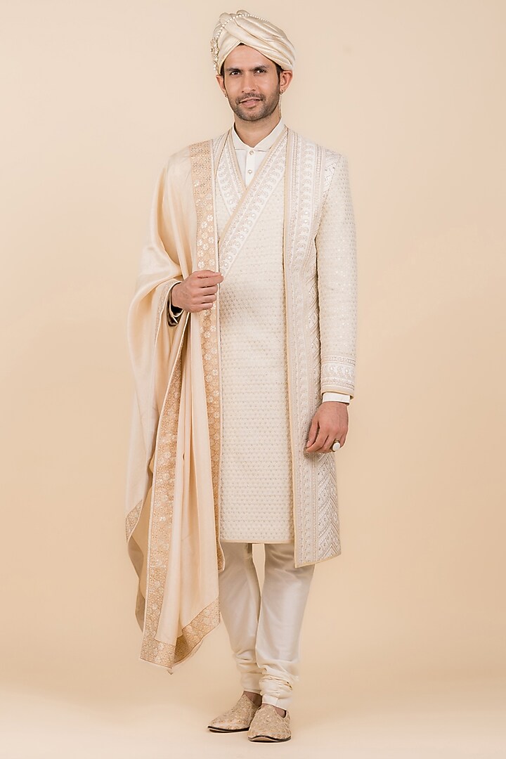 Ivory Viscose Blend Embroidered Wedding Sherwani Set by TASVA at Pernia's Pop Up Shop