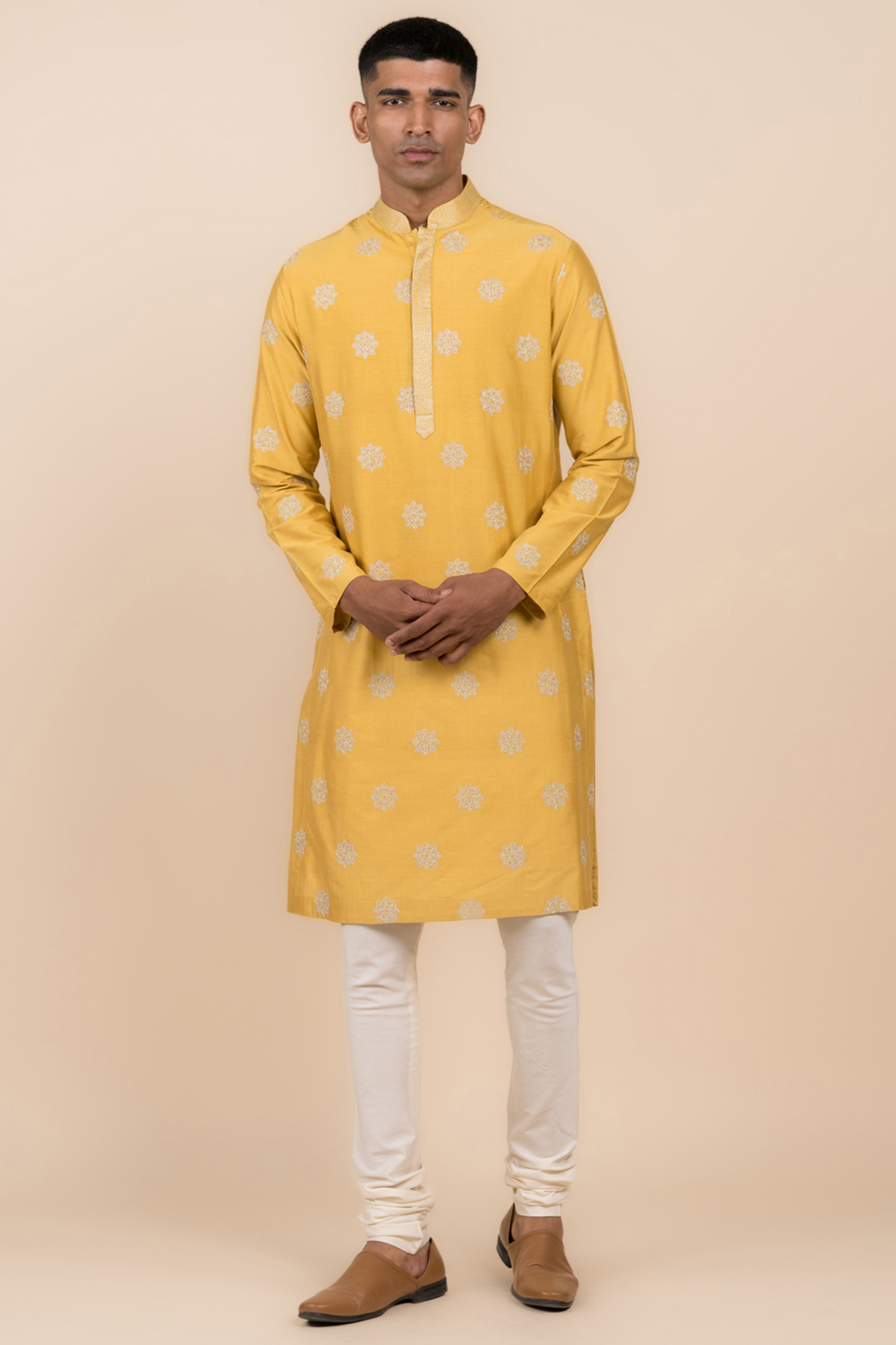 Yellow Viscose Polyester Blend Embroidered Kurta Set by TASVA at Pernia's Pop Up Shop