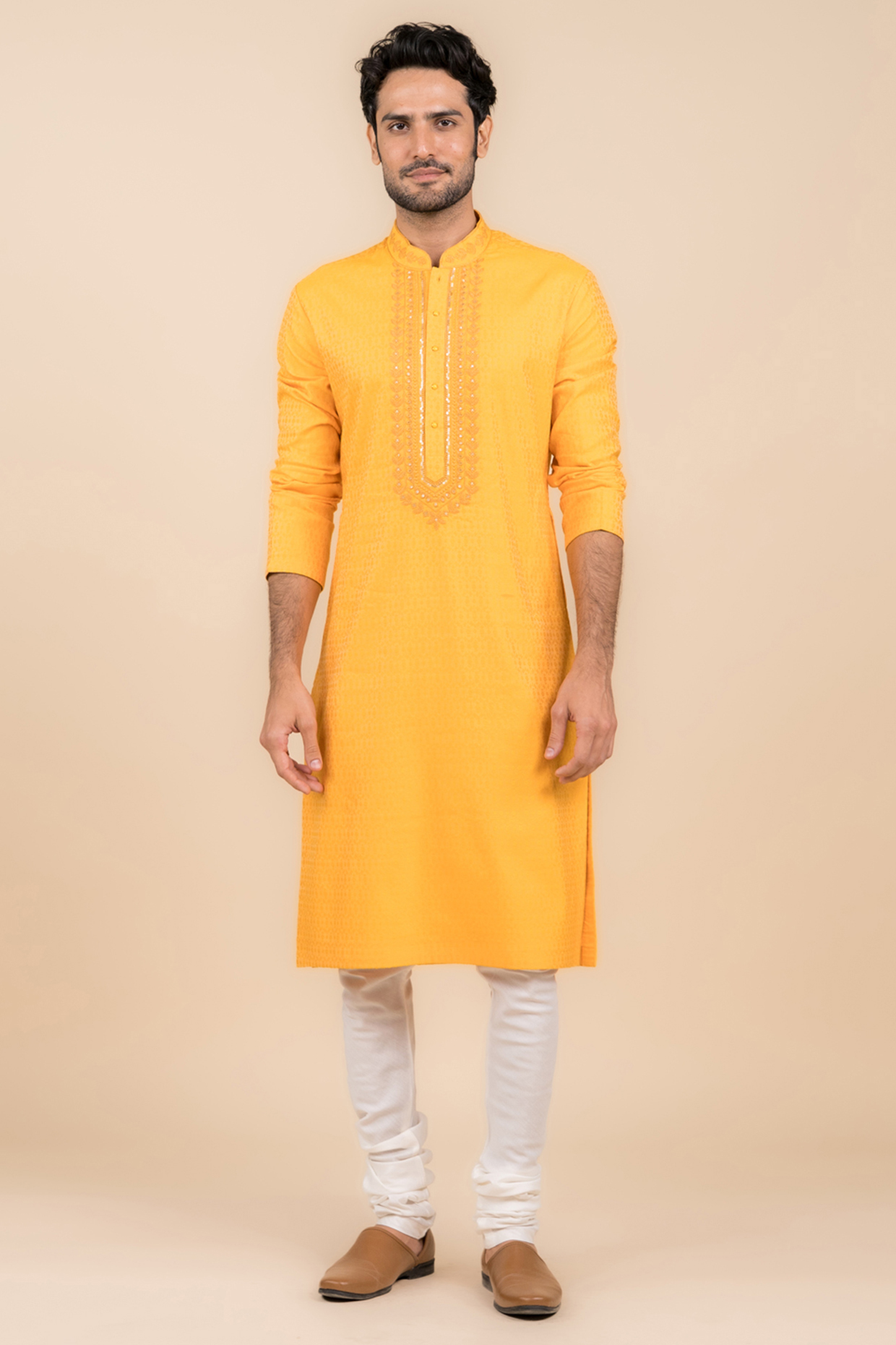 Yellow Ochre Silk Jacquard Embroidered Kurta Set by TASVA at Pernia's Pop Up Shop