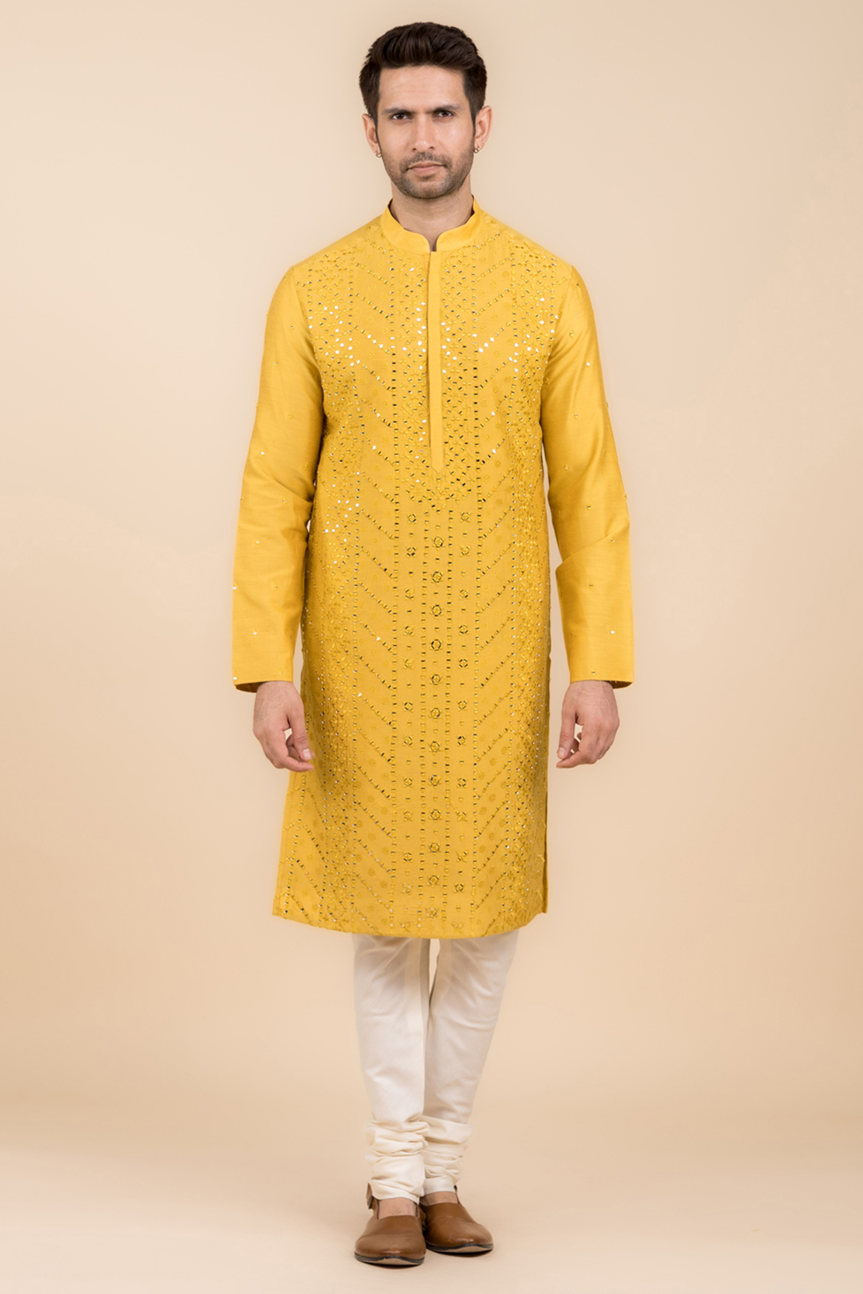 Yellow Ochre Viscose Polyester Blend Blend Embroidered Kurta Set by TASVA at Pernia's Pop Up Shop