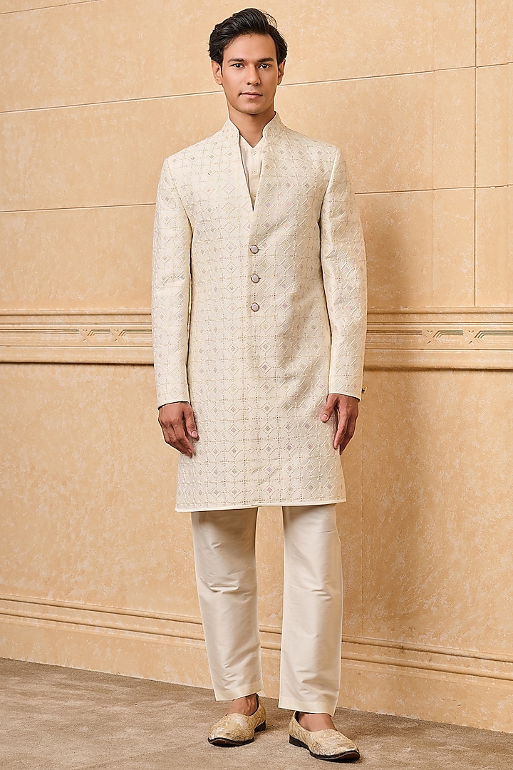 Ivory Viscose Blend Thread Embroidered Achkan Set by TASVA at Pernia's Pop Up Shop