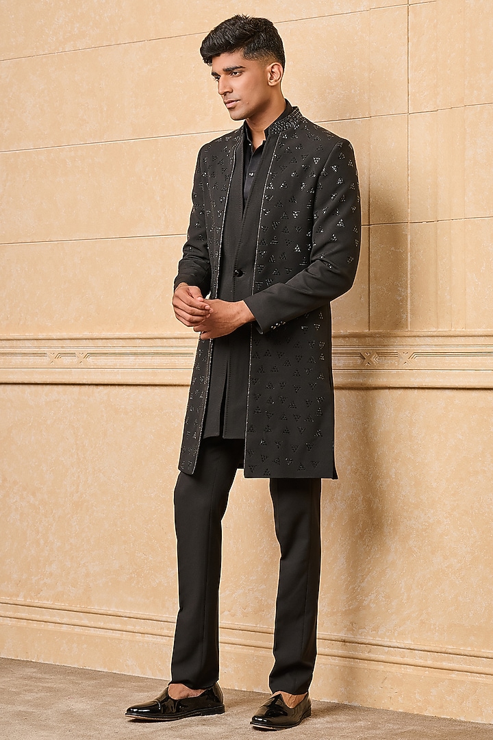 Black Polyester Open Achkan Jacket Set by TASVA at Pernia's Pop Up Shop