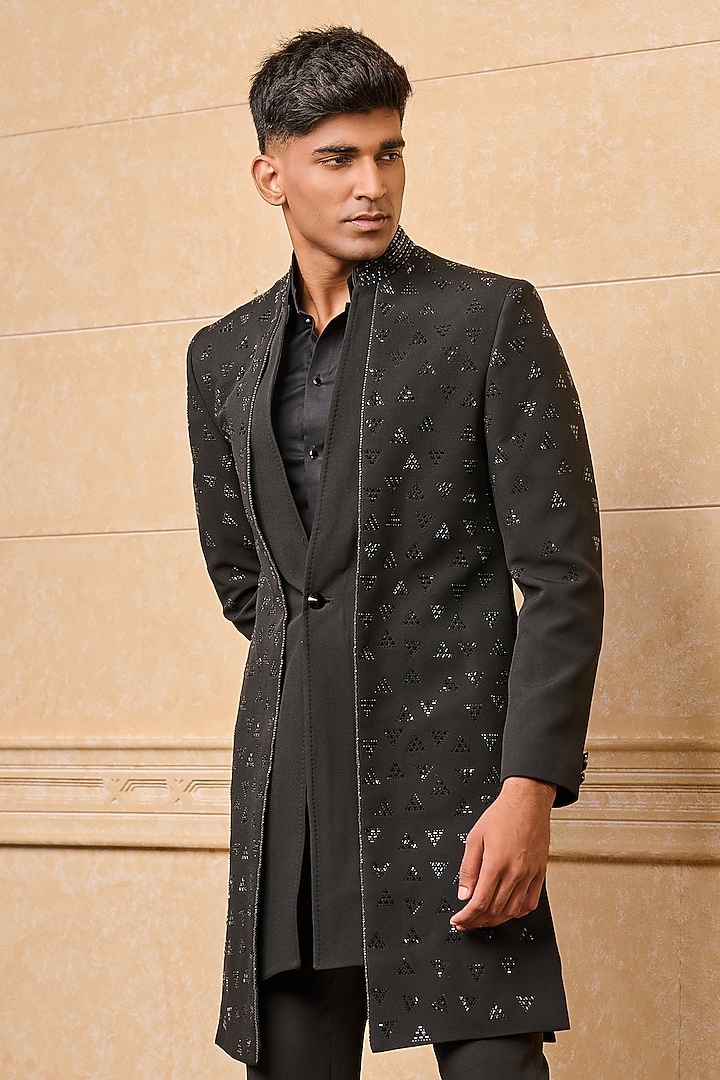 Black Polyester Open Achkan Jacket Set by TASVA at Pernia's Pop Up Shop