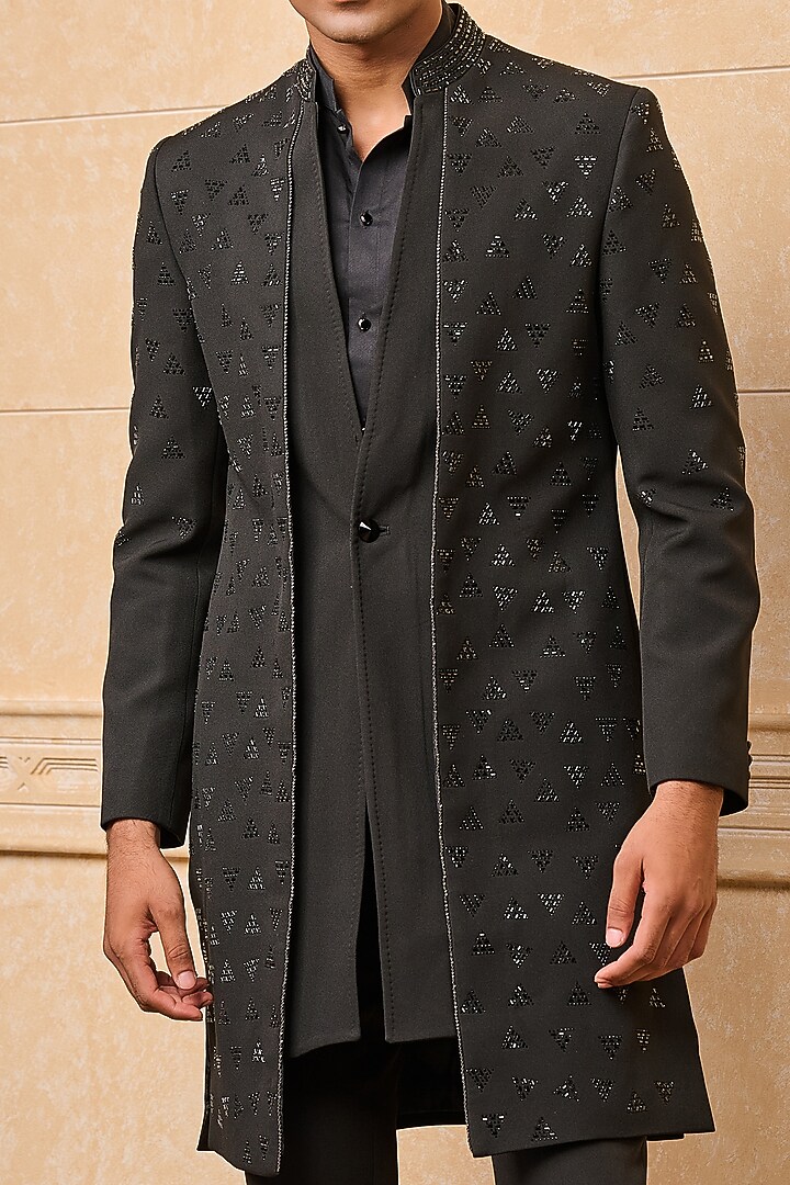 Black Polyester Open Achkan Jacket Set by TASVA at Pernia's Pop Up Shop