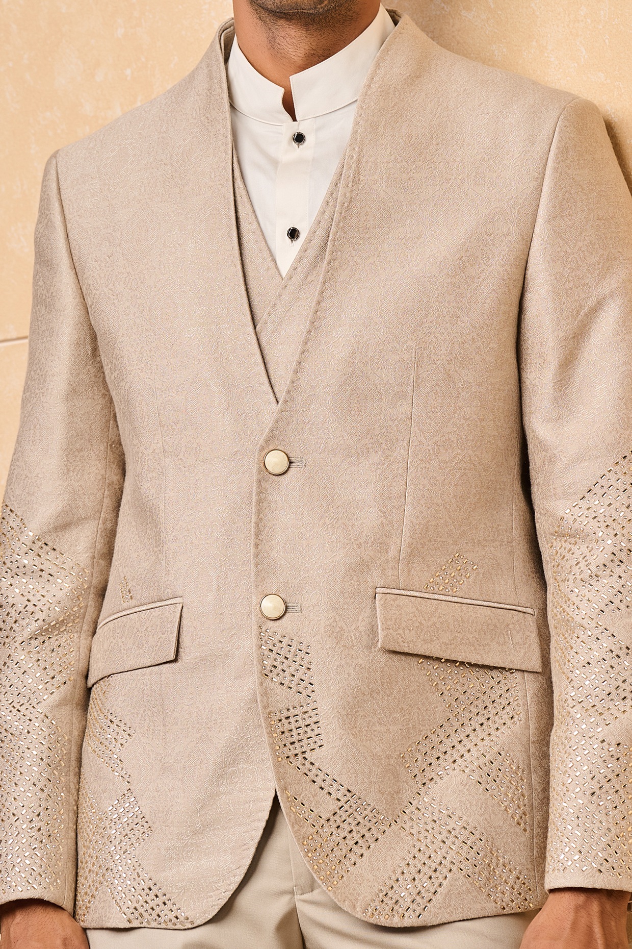 Beige Jacquard Embroidered Jacket Set by TASVA at Pernia's