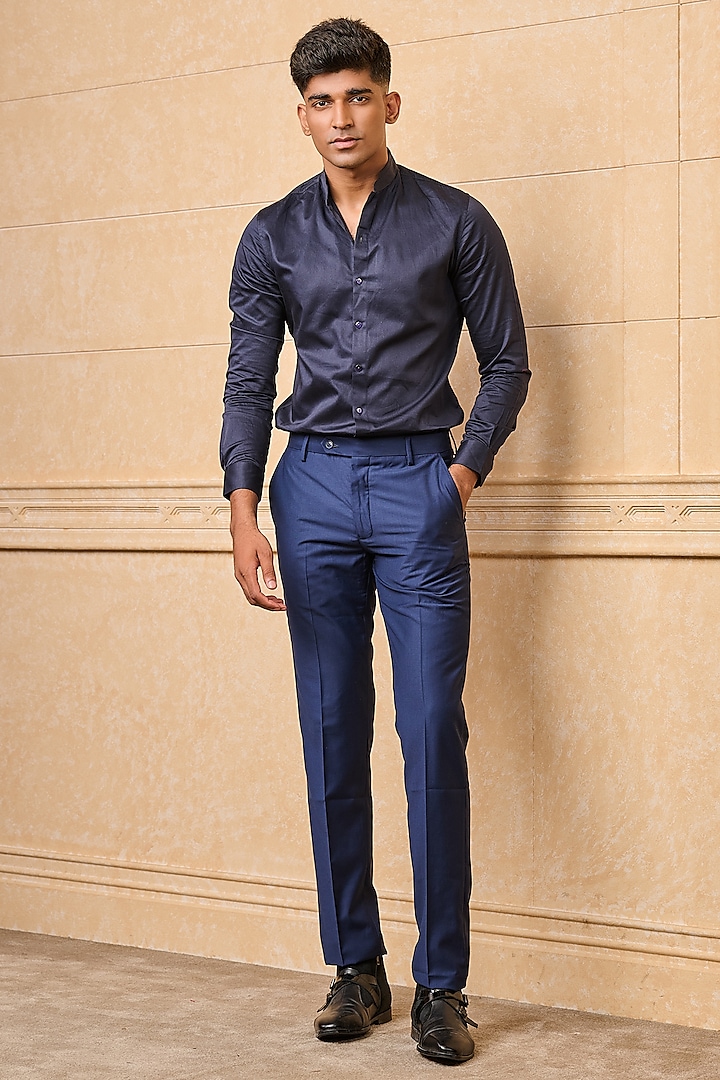 Medium Blue Polyester Blend Trousers by TASVA