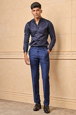 Medium Blue Polyester Blend Trousers by TASVA