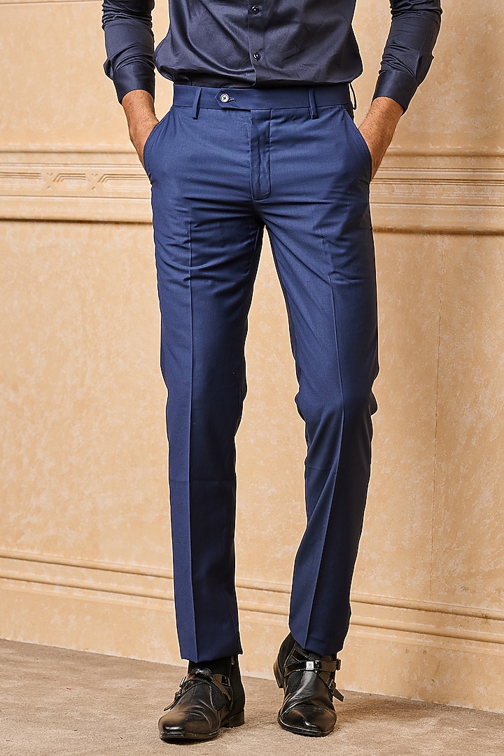 Medium Blue Polyester Blend Trousers by TASVA at Pernia's Pop Up Shop