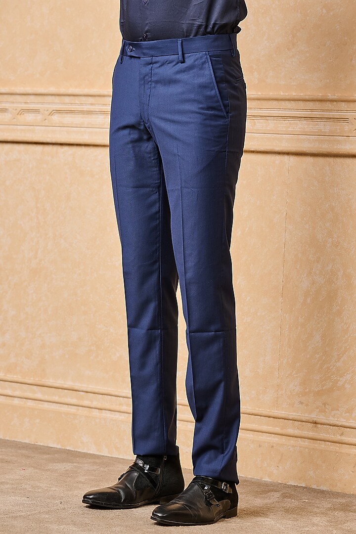 Medium Blue Polyester Blend Trousers by TASVA at Pernia's Pop Up Shop