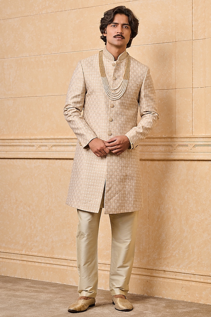 Beige Brocade Sherwani Set by TASVA