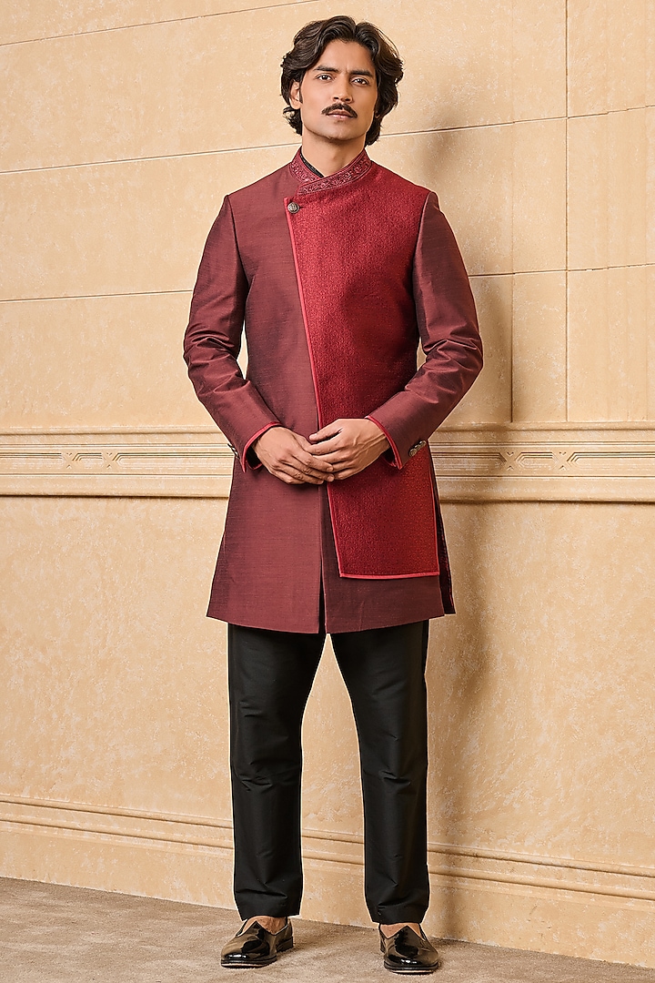 Maroon Viscose Blend Indowestern Set by TASVA