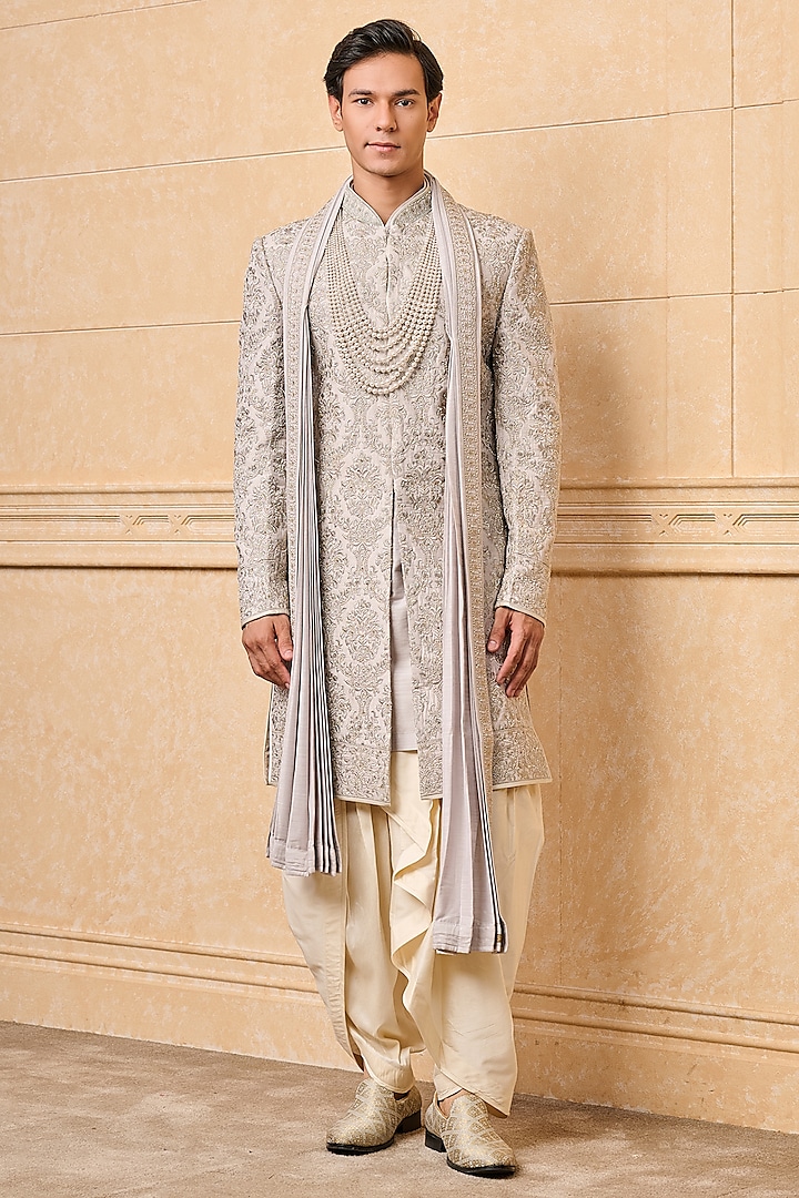 Light Blue Viscose Blend Embroidered Wedding Sherwani Set by TASVA at Pernia's Pop Up Shop