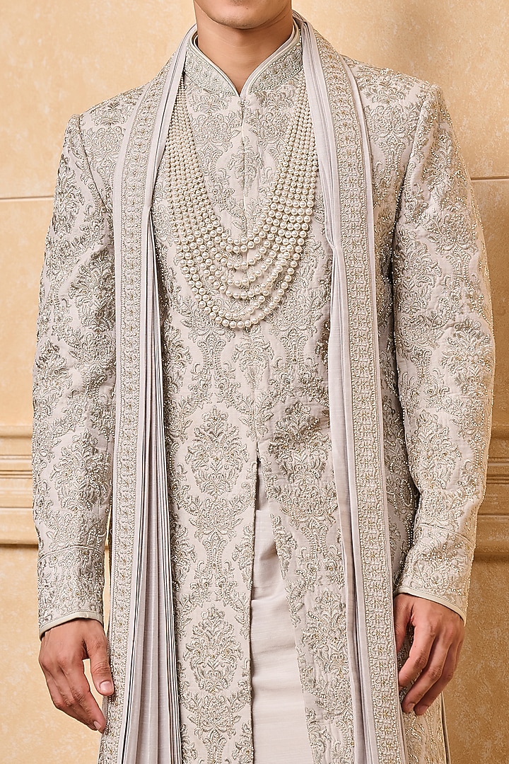 Light Blue Viscose Blend Embroidered Wedding Sherwani Set by TASVA at Pernia's Pop Up Shop