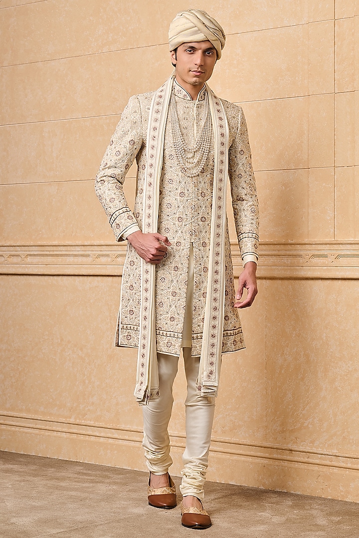 Ivory Viscose Blend Embroidered Sherwani Set by TASVA