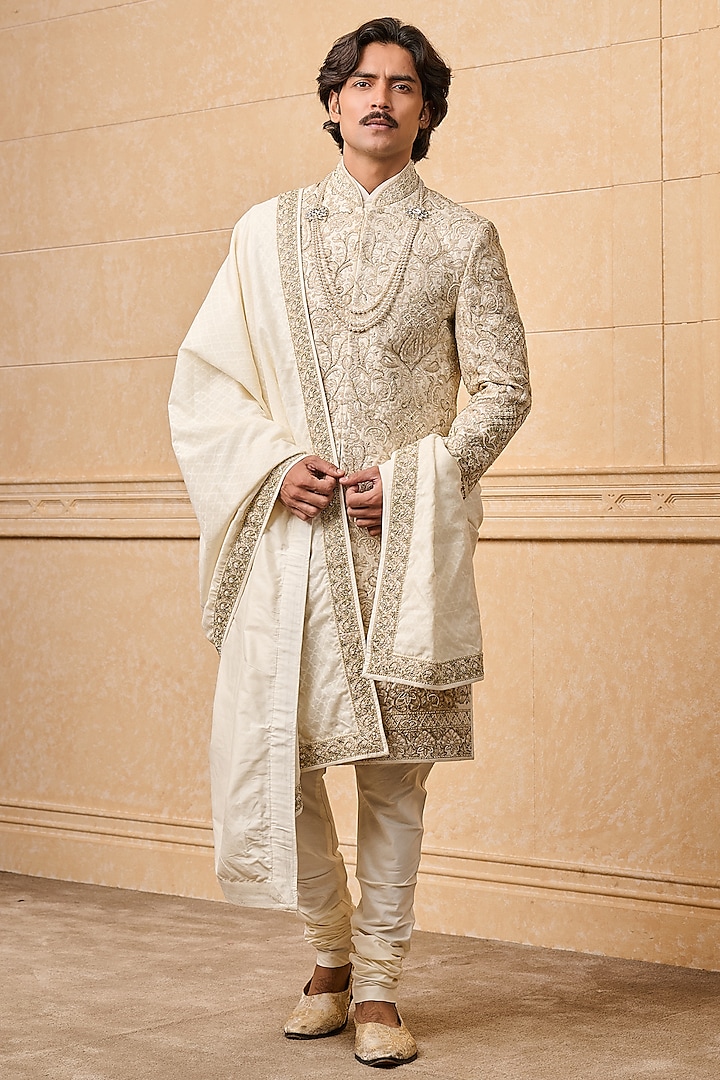 Ivory Silk Embroidered Wedding Sherwani Set by TASVA at Pernia's Pop Up Shop