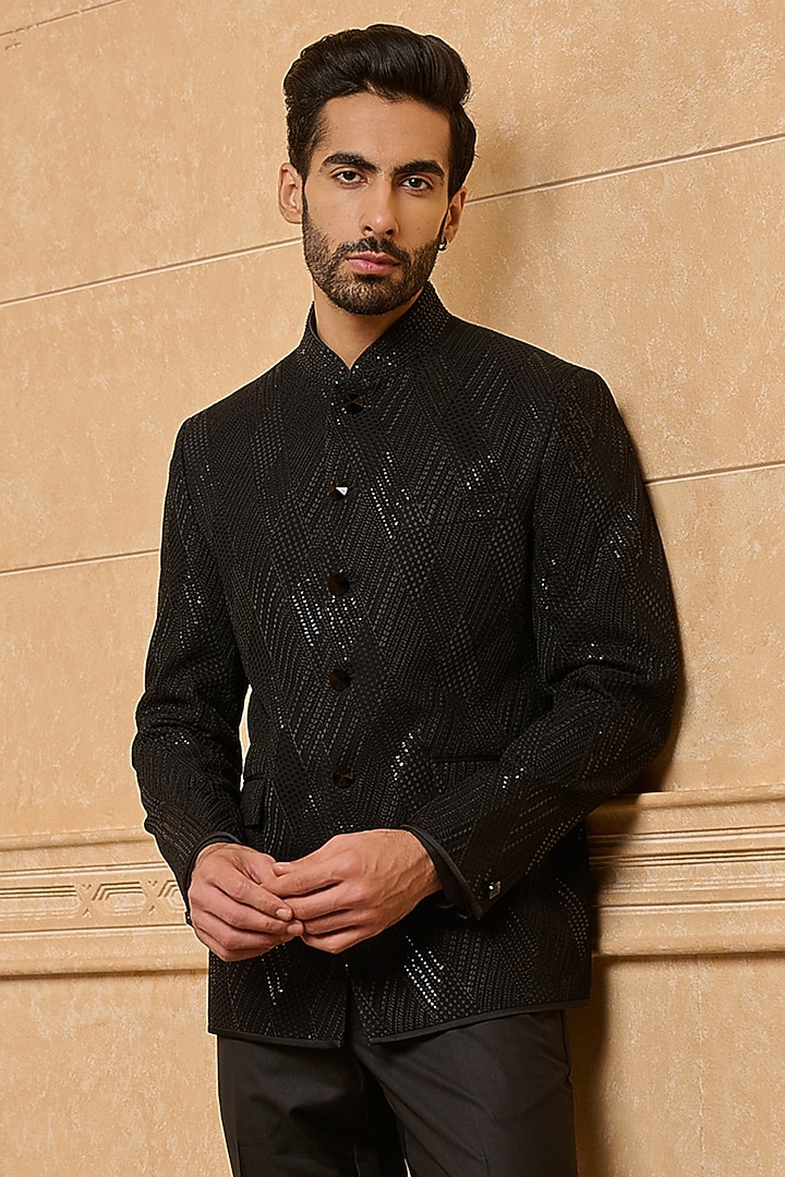 Black Viscose Embroidered Bandhgala by TASVA at Pernia's Pop Up Shop