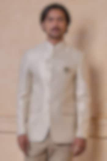 Ivory Polyester & Viscose Blend Bandhgala by TASVA at Pernia's Pop Up Shop