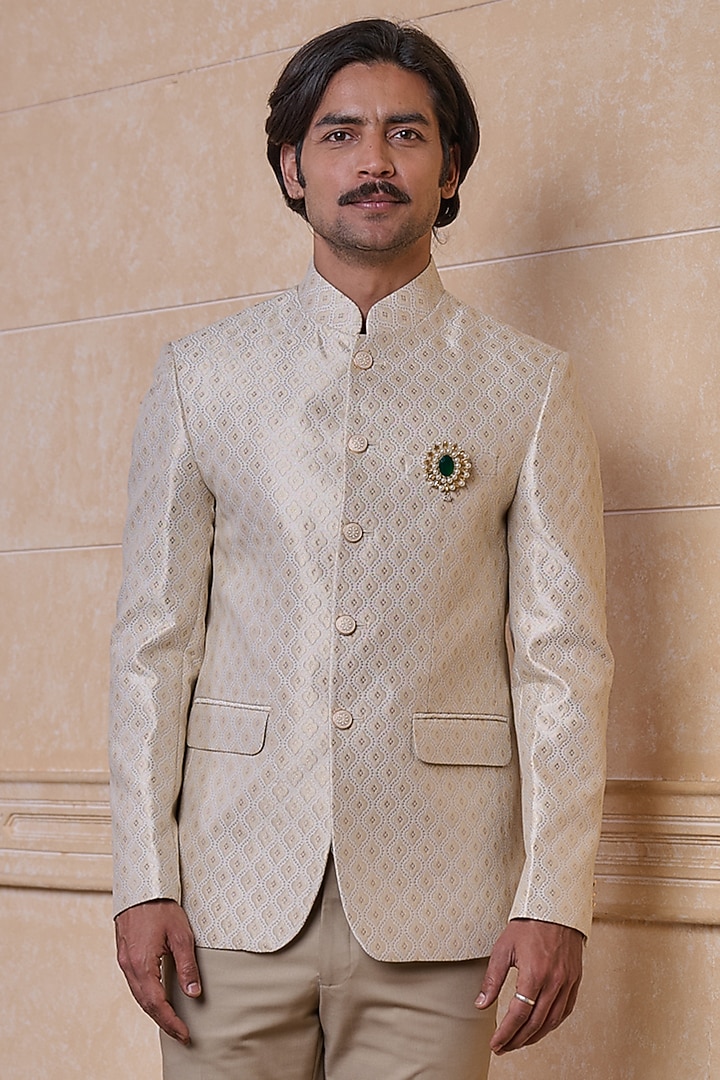 Ivory Polyester & Viscose Blend Bandhgala by TASVA at Pernia's Pop Up Shop