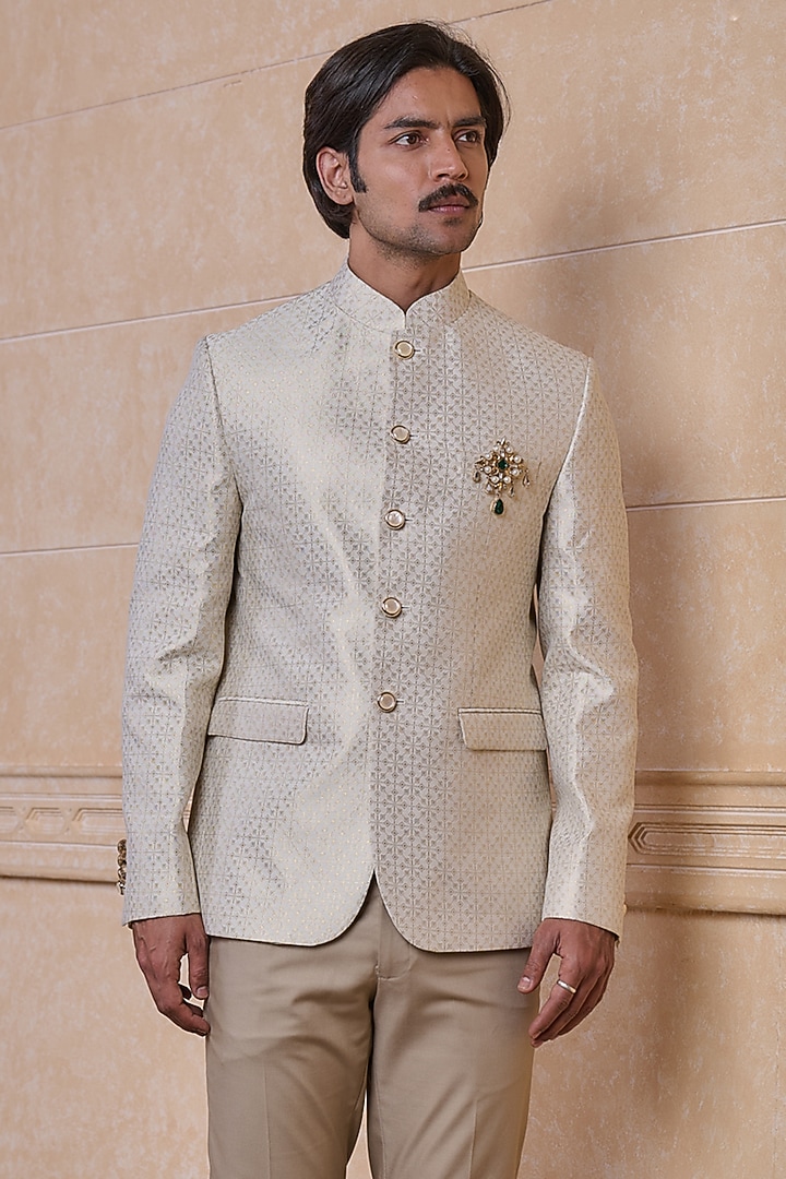 Gold Polyester & Viscose Bandhgala by TASVA at Pernia's Pop Up Shop