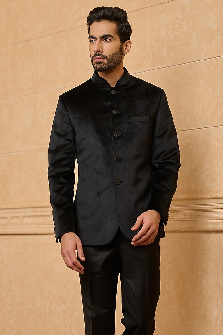 Black Silk Bandhgala by TASVA at Pernia's Pop Up Shop